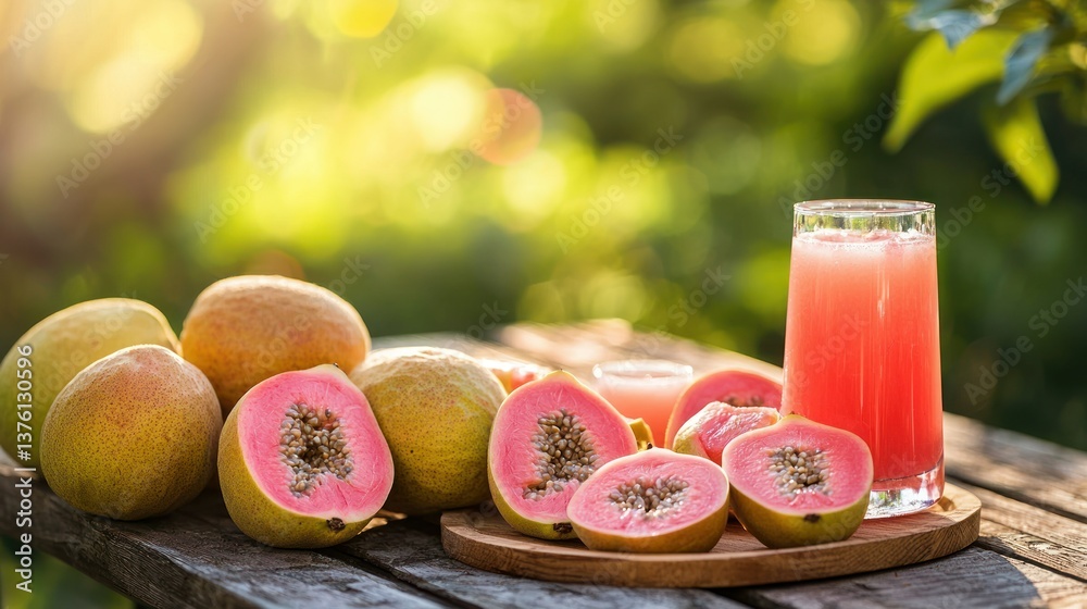 Poster a picnic table with a spread of pink guava slices and juice, set in a scenic park or garden.