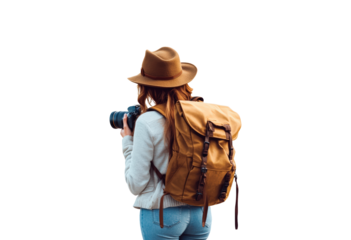 Woman wearing straw hat and backpack, holding a digital camera isolated on transparent background