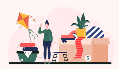 Woman selling used items at garage sale. Vector illustration
