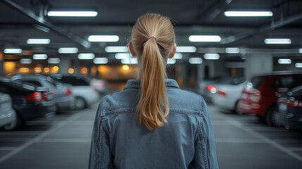 Fototapeta premium Blonde Woman Walks Away in Underground Parking Garage with Motion Blur