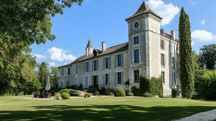 Grand Chateau with Tower Amidst Lush Green Lawn on a Sunny Day in the Countryside Scenery