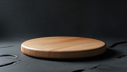Round wooden cutting board on dark surface