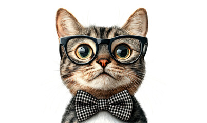 Cute Cat with Glasses and Bowtie for Adorable Pet Portraits Isolate on Transparent Background, cutout, png