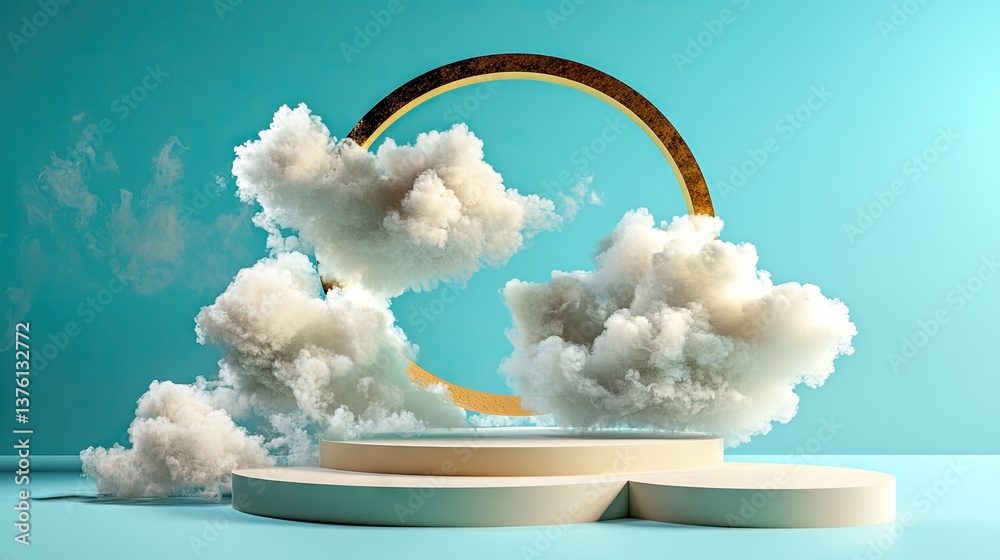 Poster abstract 3d render of soft white clouds floating around a bold circular shape on a blue backdrop