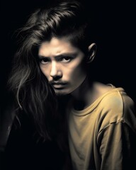 Portrait of Young Man with Long Hairstyle and Intense Gaze in Shadowy Light Against Dark Backdrop