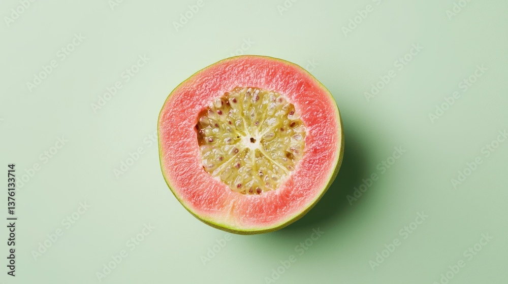 Aufkleber a pink guava slice placed creatively in a minimal composition, isolated on a light green background