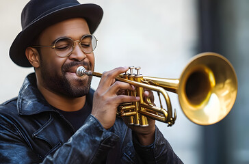 Mixed race man playing trumpet