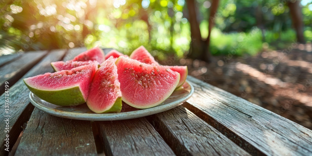 Poster A plate of guava slices placed on a rustic picnic bench with a forest in the distance. 