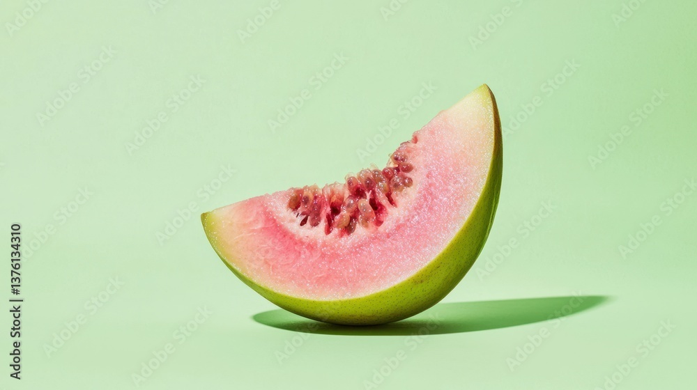 Poster A pink guava slice placed creatively in a minimal composition, isolated on a light green background 