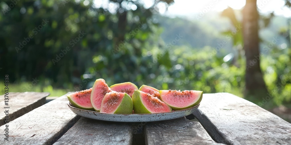 Poster A plate of guava slices placed on a rustic picnic bench with a forest in the distance. 