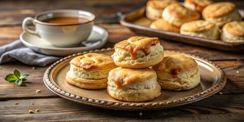 homemade biscuits on a rustic plate with rich gravy and golden brown edges, morning, comfort food,  morning, comfort food