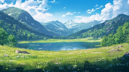 Fototapeta premium Serene Lake Embraced by Lush Green Meadow Majestic Mountains Under a Bright Blue Sky Scenic Landscape