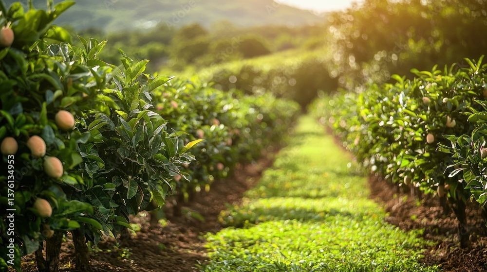 Poster A row of pink guava trees on a farm with fruits visible from a distance, surrounded by soft sunlight. 