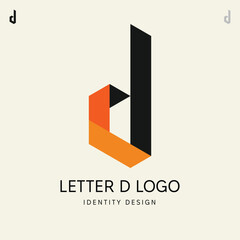 Alphabet Letter D Initial Logo Design – Modern Geometric, Asymmetric, Vector Icon in Black, White, and Orange colors for Business, Startup, Tech, Marketing, and Corporate Branding Identity