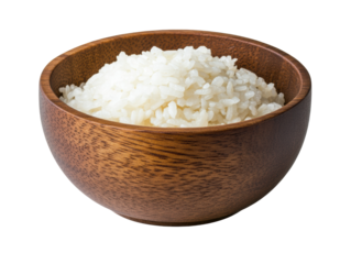 Delicious white rice served in a rustic wooden bowl