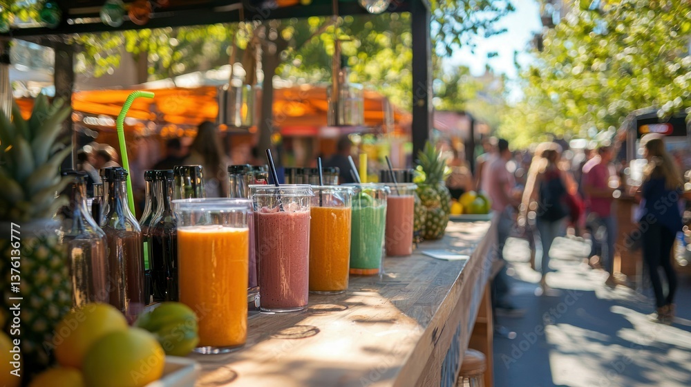 Poster a smoothie station at an outdoor market, with multiple drinks displayed and a crowd in the backgroun