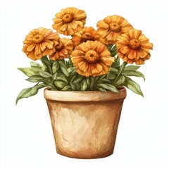 Fototapeta premium Watercolor Orange Zinnias in Clay Pot a Hand Painted Floral Illustration for Botanical Decor Ideas