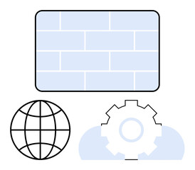 Brick wall, globe, gear, and cloud shapes representing firewall security, network system, and digital tools. Ideal for technology, cybersecurity, global connectivity cloud integration software