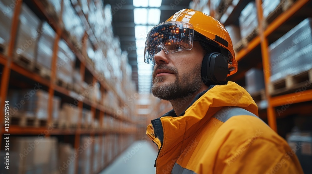 Aufkleber an employee in a safety helmet and reflective jacket evaluates the logistics processes inside a busy