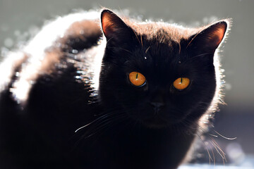 portrait of a black cat in the sun rays
