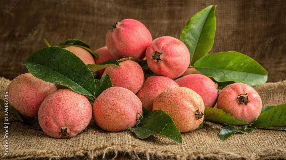 Poster a spread of pink guavas and leaves arranged on a soft burlap mat in a tropical setting.