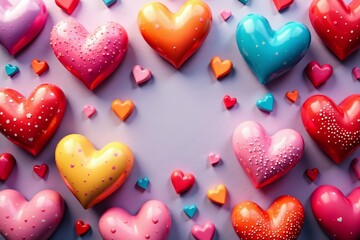Fototapeta premium A collection of colorful hearts in various shapes and sizes, arranged in a beautiful and cute pattern, Valentine's Day, joy, relationship