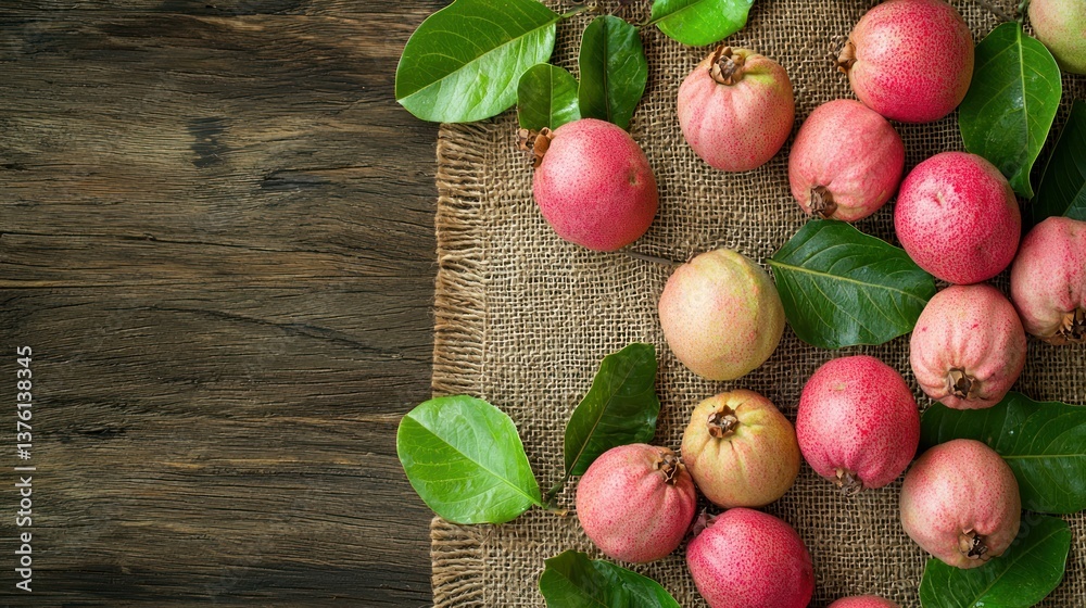 Poster a spread of pink guavas and leaves arranged on a soft burlap mat in a tropical setting.