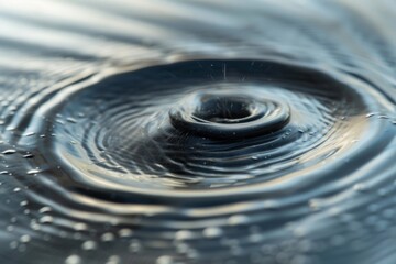 Water vortex ripple on surface with concentric circles and droplets in natural soft lighting close-up.