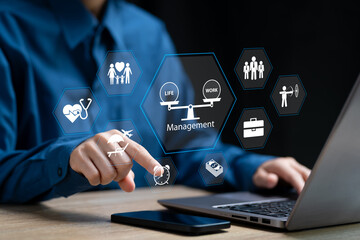 Work and life balance concept, Businesswomen work and life management, Target, Work performance, Money, Financial, Employees happy,  Family, travel, Health care, Relaxation stress managemen