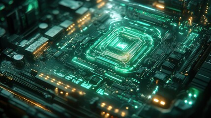 Fototapeta premium Advanced Circuit Board with Illuminated Chip, Tech Background