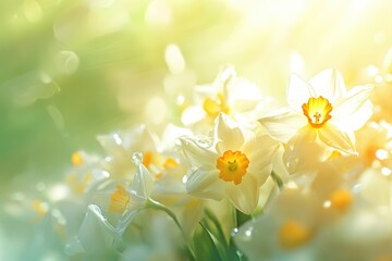 Fototapeta premium Sunlight illuminates a cluster of delicate white daffodils, their orange centers glowing.