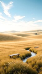 Fototapeta premium Serene Golden Landscape with Benches and Stream