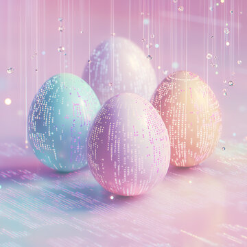 Easter-themed background for programmers, pastel-colored eggs with embedded code snippets (Python, JavaScript), subtle matrix-style digital rain, minimalist tech aesthetic, high detail