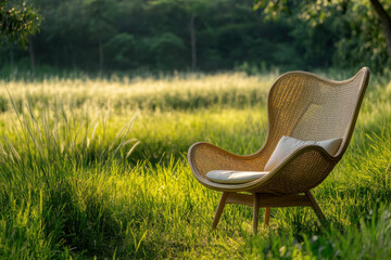 Comfortable rattan armchair relaxing in lush green meadow at sunset