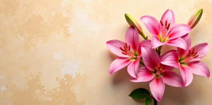 Beautiful pink lilies on a light brown textured background, pastel, beauty