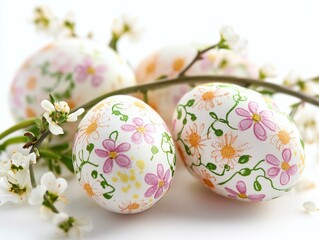 Fototapeta premium Colorful Hand-Painted Easter Eggs with Floral Patterns and Blossoms