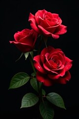 Beautiful red roses with water droplets on black background, romantic, elegant, dewdrops