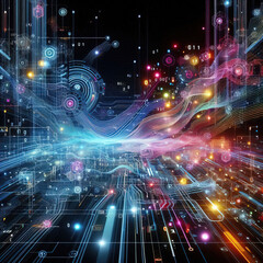 Abstract techno background, lots of neon light patterns flowing into program codes, futuristic texture for use on photos as overlay or screen filter.