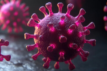 Microscopic view of a coronavirus, vibrant pink hue, detailed surface texture, ominous dark background. Ideal for medical, scientific, or health-related projects.
