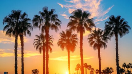 Obraz premium Sunset between palm trees, silhouettes of trees