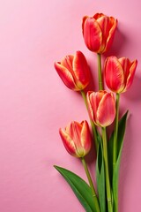 Fototapeta premium Beautiful spring tulip flowers on pink textured background, celebration, vibrant, colorful