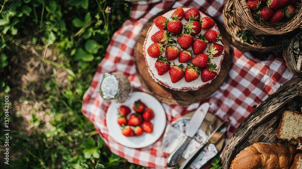 Poster a strawberry cake set up on a picnic blanket, surrounded by nature and other picnic items