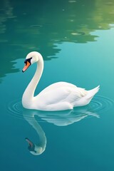 Beautiful vector isometric white swan gracefully swimming on calm water, wildlife, lake, peaceful