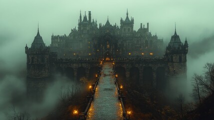 Obraz premium Misty mountaintop castle, bridge path, foggy landscape, fantasy film backdrop