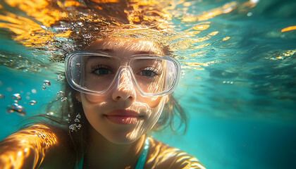 Fototapeta premium Child underwater selfie swimming fun