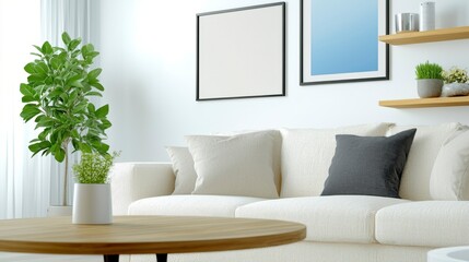 Modern Asymmetrical Room creation with Floating Shelves and Cozy Couch