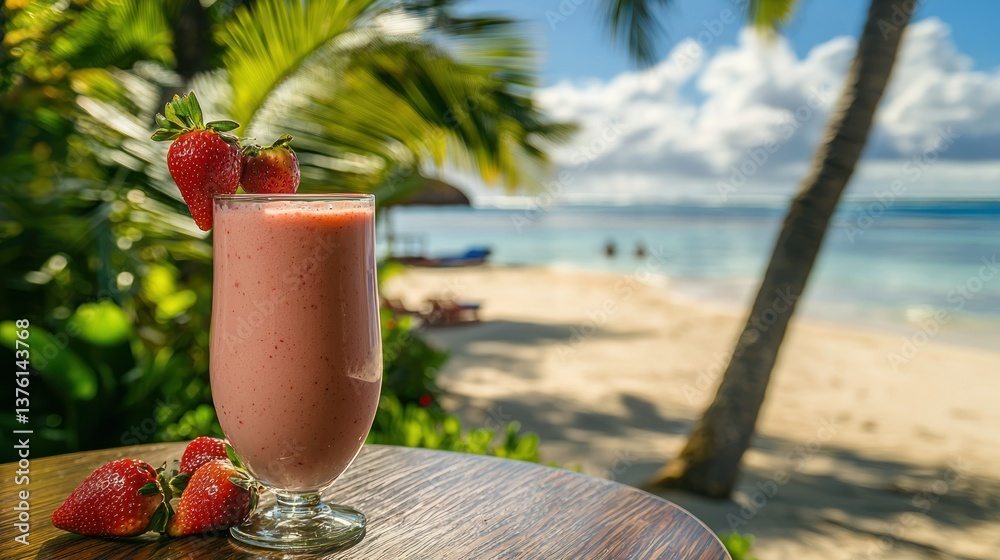 Aufkleber a tropical setting showing a smoothie with fresh strawberries on the rim, placed on a table overlook
