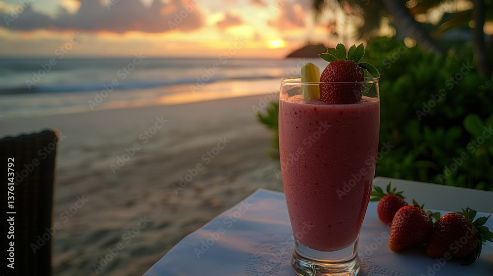 Poster a tropical setting showing a smoothie with fresh strawberries on the rim, placed on a table overlook