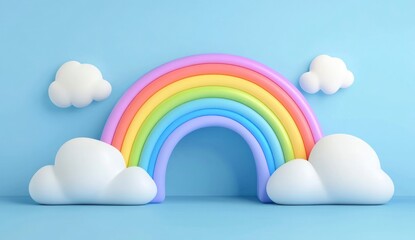 Colorful Rainbow with Fluffy Clouds on Blue Background - Cheerful Illustration