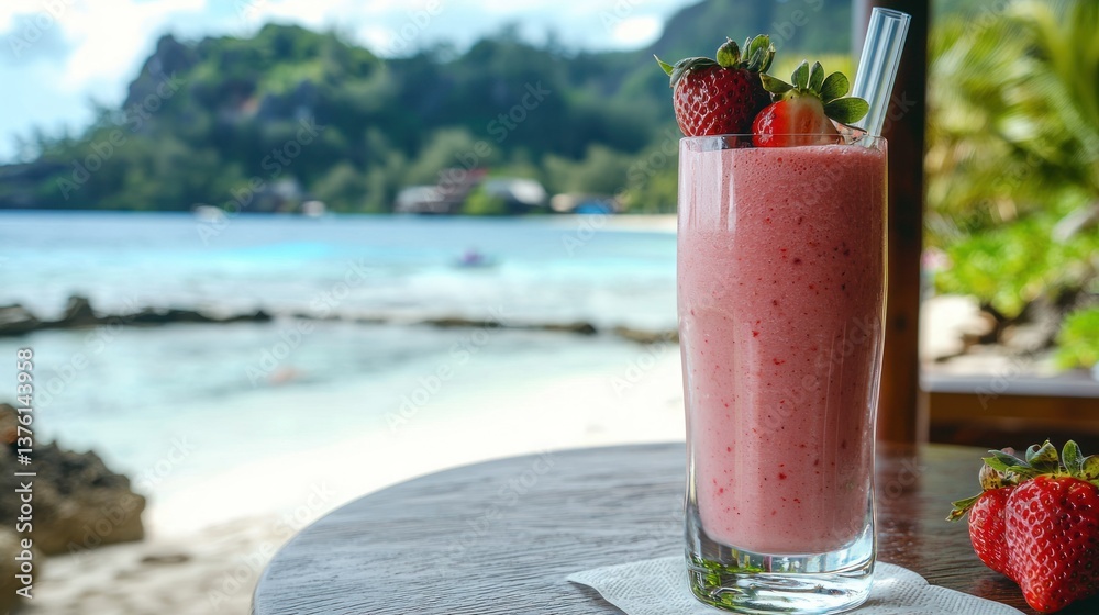 Aufkleber a tropical setting showing a smoothie with fresh strawberries on the rim, placed on a table overlook